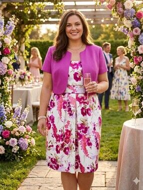 Studio I Floral Fit-and-Flare Dress Fuchsia Bolero Jacket Set Size 16W New